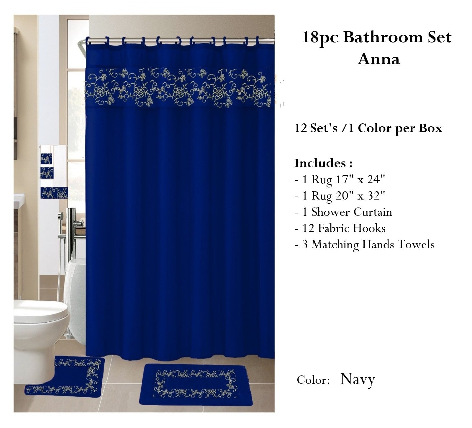 18 Piece Embroidered Shower Curtain Set