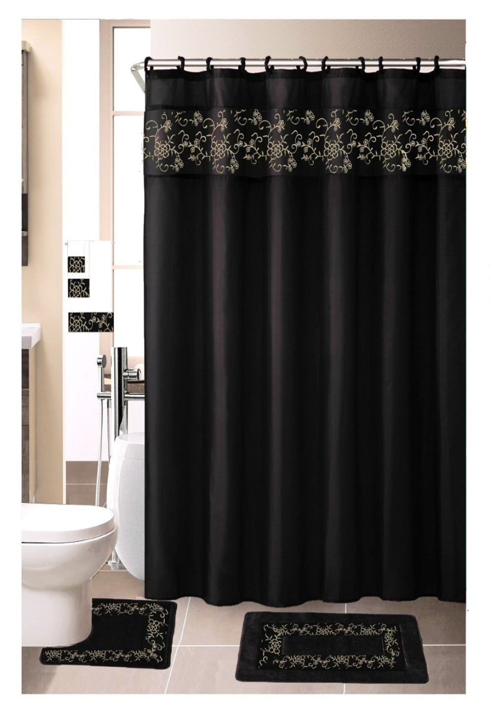 18 Piece Embroidered Shower Curtain Set