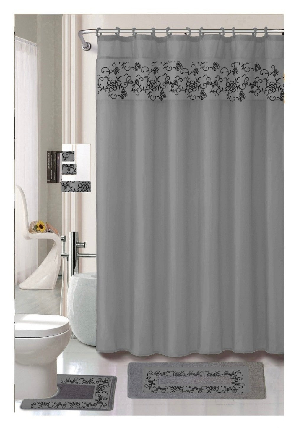 18 Piece Embroidered Shower Curtain Set