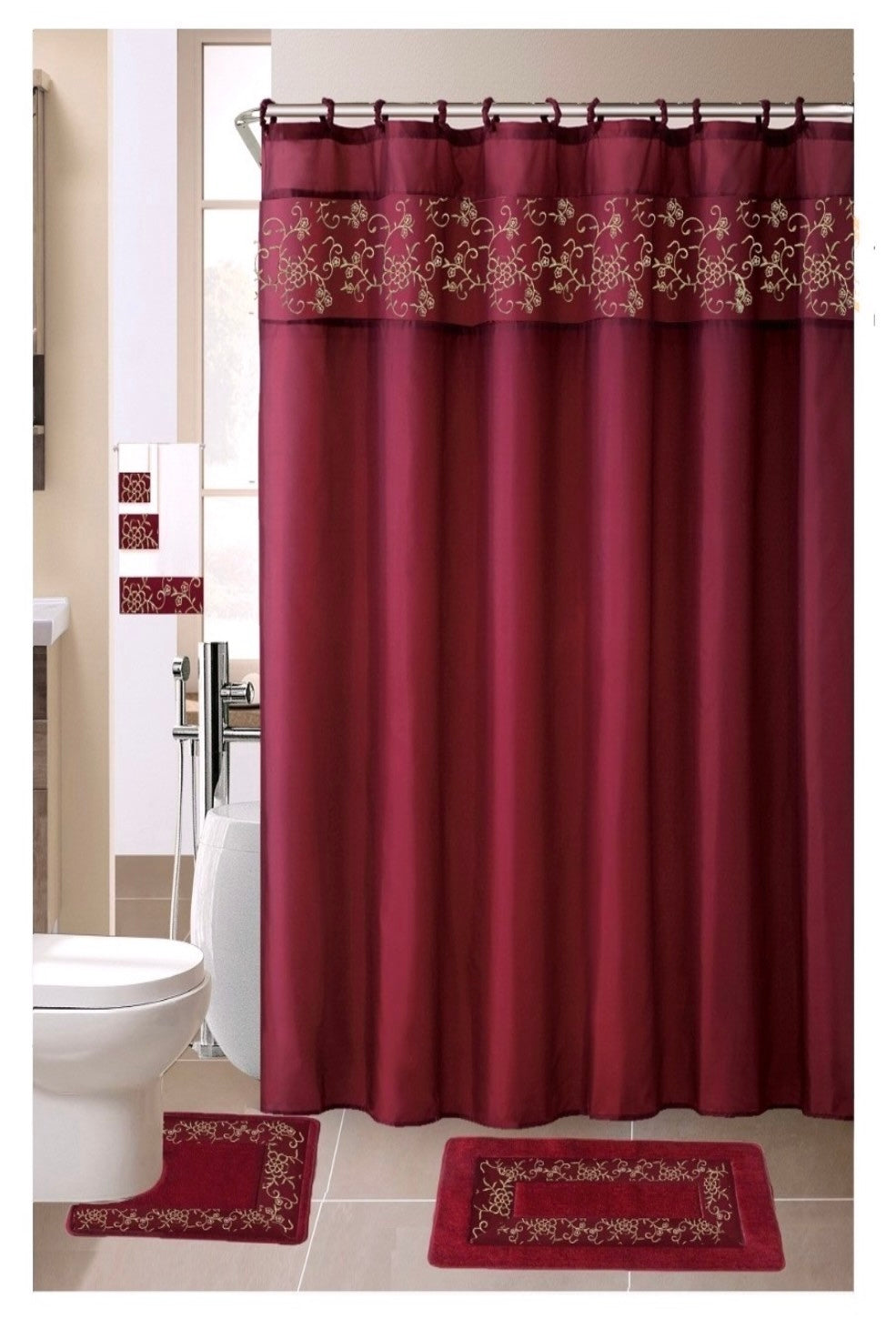 18 Piece Embroidered Shower Curtain Set