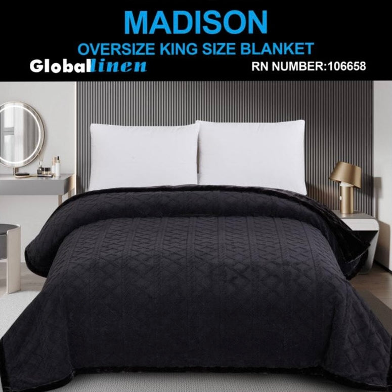 Black oversized king size blanket on a bed with 'Madison' branding and 'Global Linen' text.