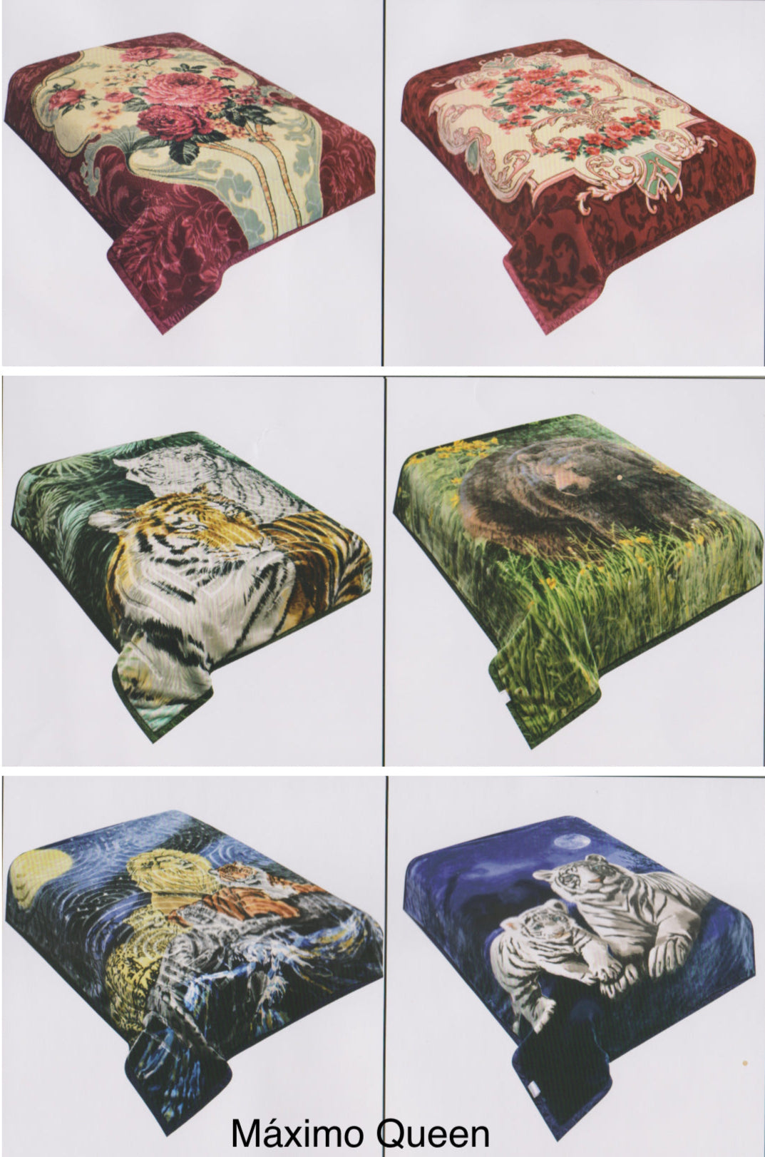 Collection of patterned blankets with different designs on a white background