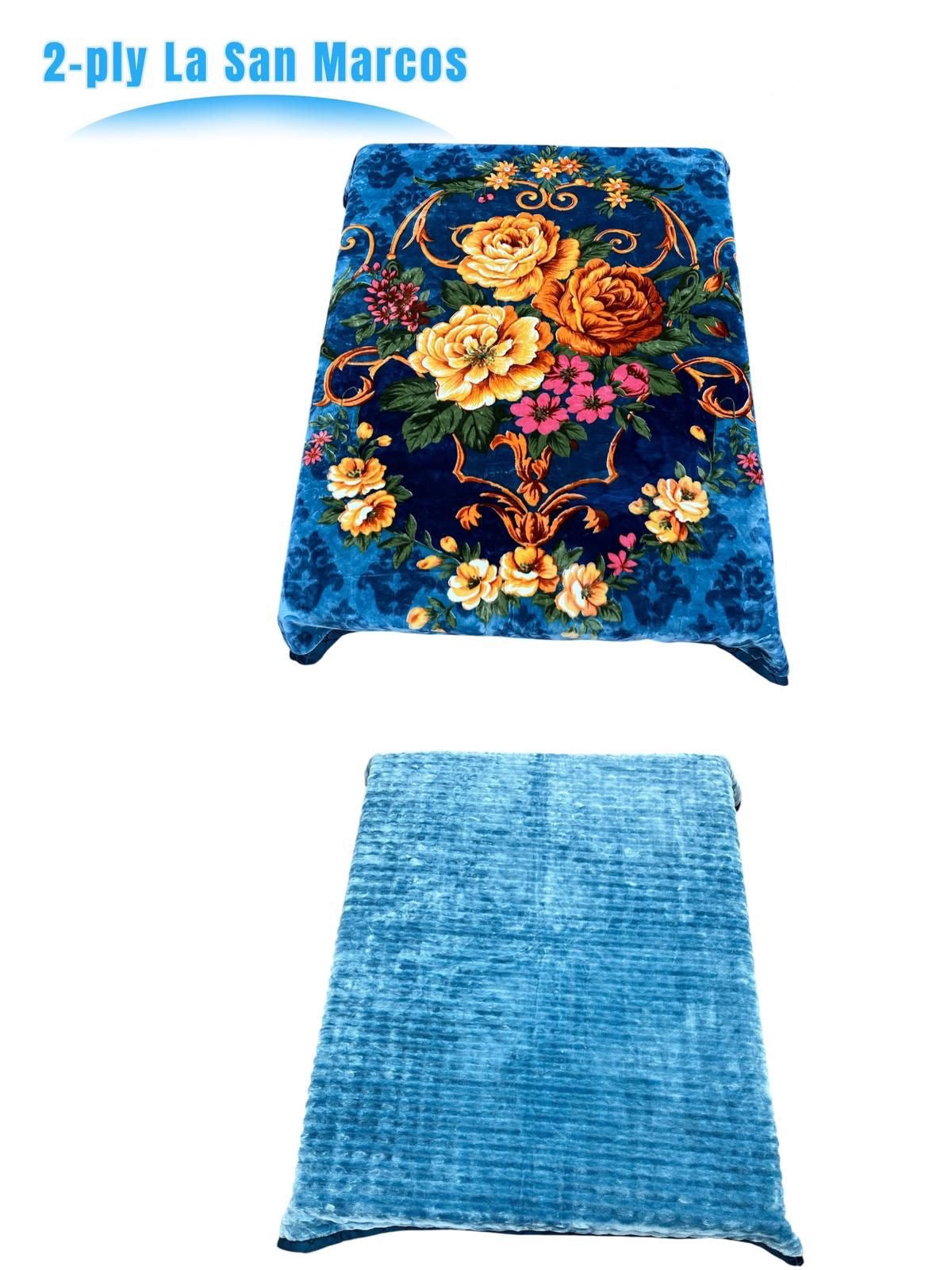 Floral-patterned blanket and blue textured blanket on a white background with '2-ply La San Marcos' text.