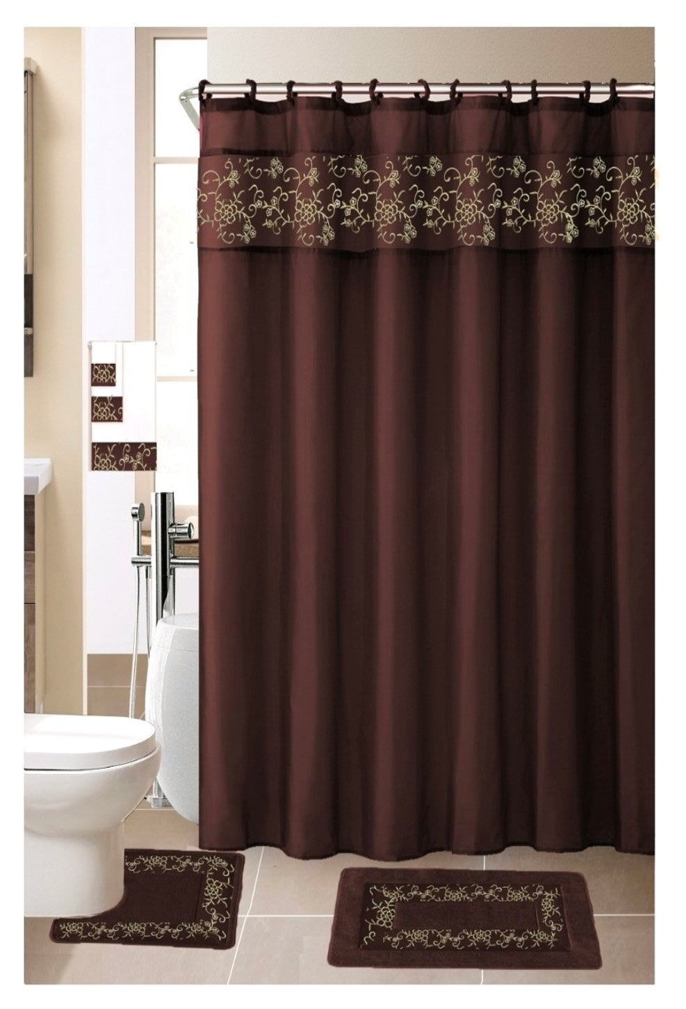 18 Piece Embroidered Shower Curtain Set