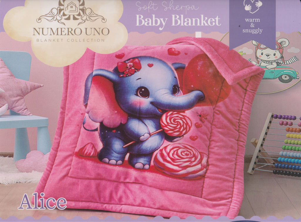 Baby blanket with elephant design in a nursery setting.